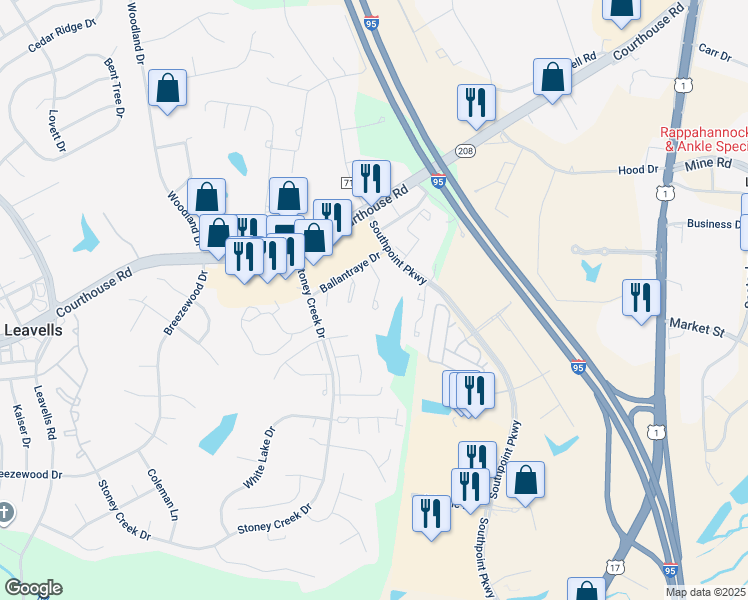 map of restaurants, bars, coffee shops, grocery stores, and more near 10710 Brice Ct in Fredericksburg