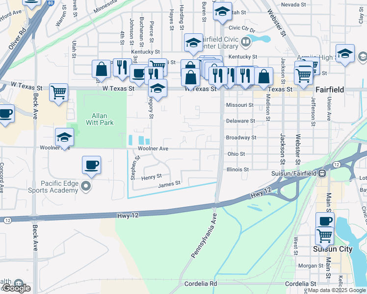 map of restaurants, bars, coffee shops, grocery stores, and more near 1406 Woolner Avenue in Fairfield