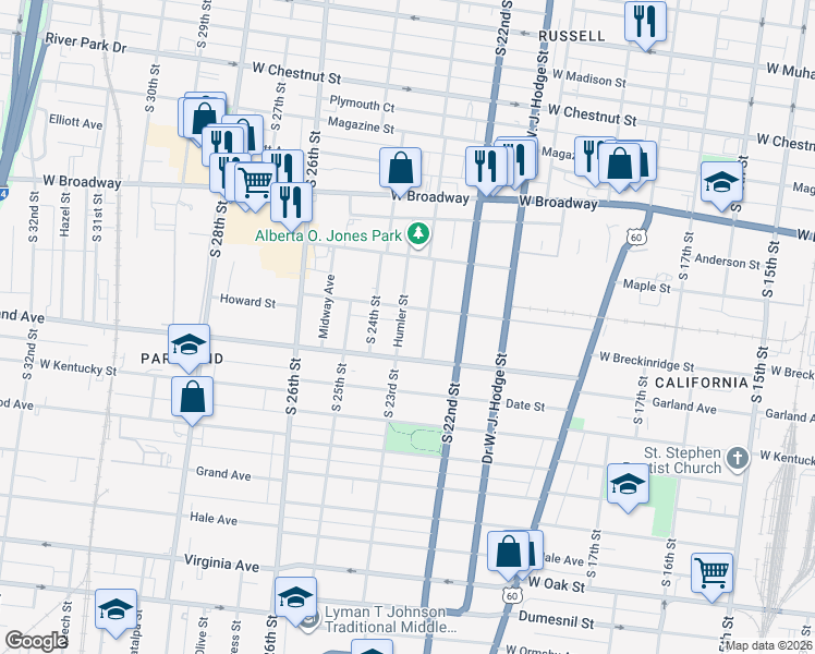 map of restaurants, bars, coffee shops, grocery stores, and more near 2312 Howard Street in Louisville