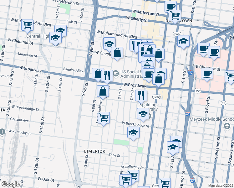 map of restaurants, bars, coffee shops, grocery stores, and more near 706 South 6th Street in Louisville
