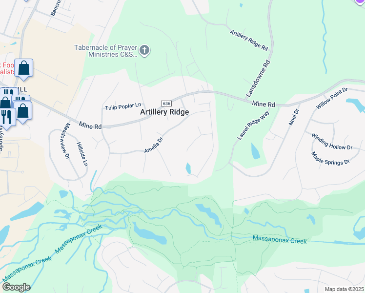 map of restaurants, bars, coffee shops, grocery stores, and more near 4117 Glouster Lane in Fredericksburg