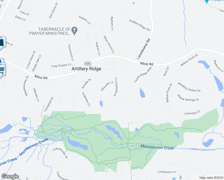 map of restaurants, bars, coffee shops, grocery stores, and more near 10224 North Hampton Lane in Fredericksburg