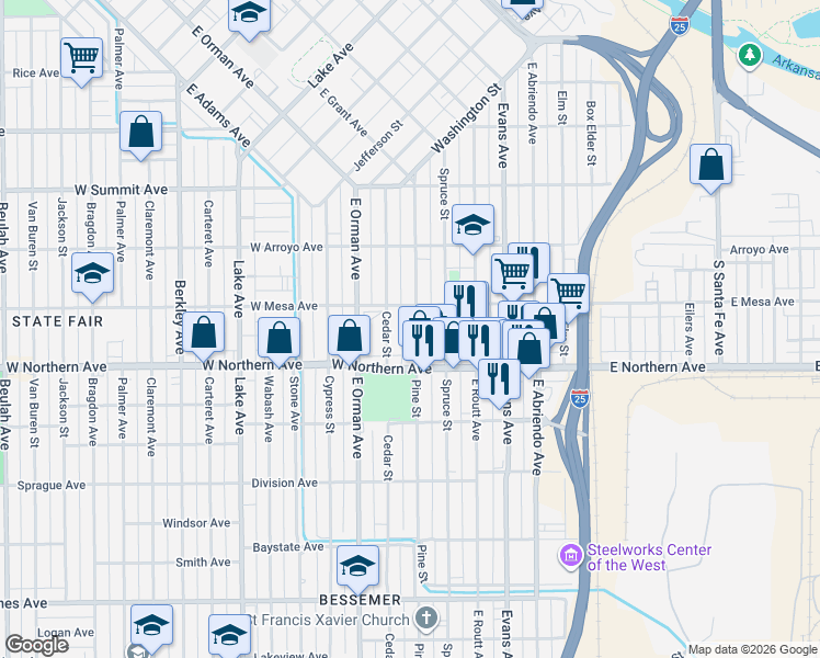 map of restaurants, bars, coffee shops, grocery stores, and more near 1215 Pine Street in Pueblo