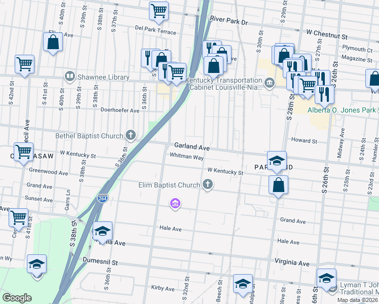 map of restaurants, bars, coffee shops, grocery stores, and more near 3300 Garland Avenue in Louisville
