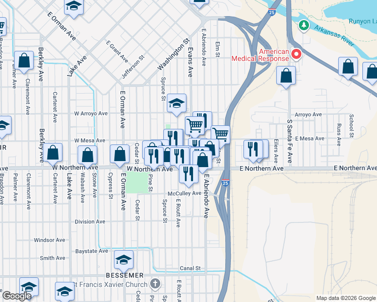 map of restaurants, bars, coffee shops, grocery stores, and more near 1214 East Evans Avenue in Pueblo