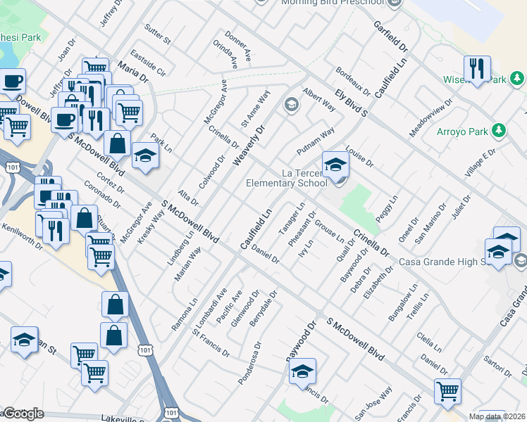 map of restaurants, bars, coffee shops, grocery stores, and more near 1505 Meadowlark Lane in Petaluma