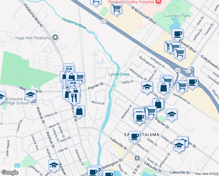 map of restaurants, bars, coffee shops, grocery stores, and more near 4 Jess Avenue in Petaluma