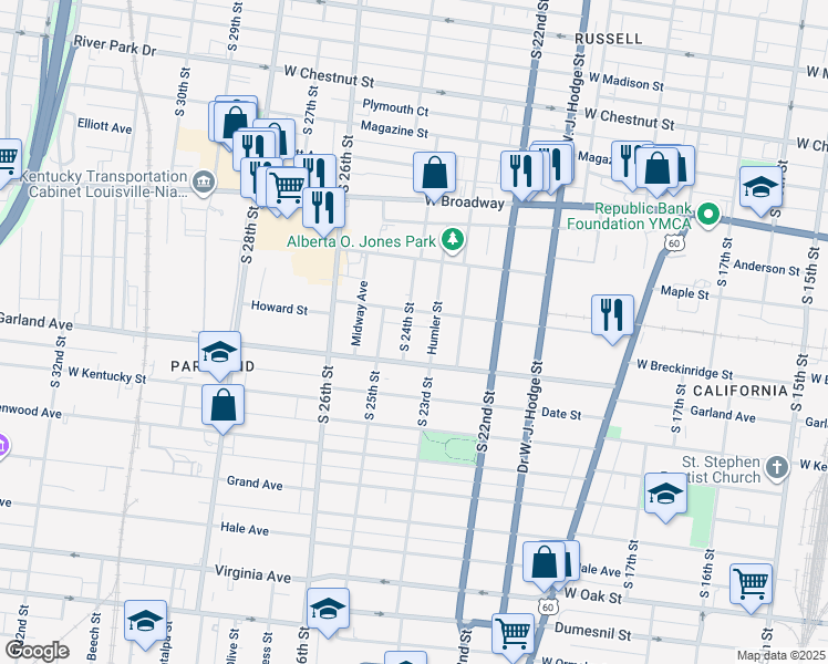 map of restaurants, bars, coffee shops, grocery stores, and more near 850 South 24th Street in Louisville