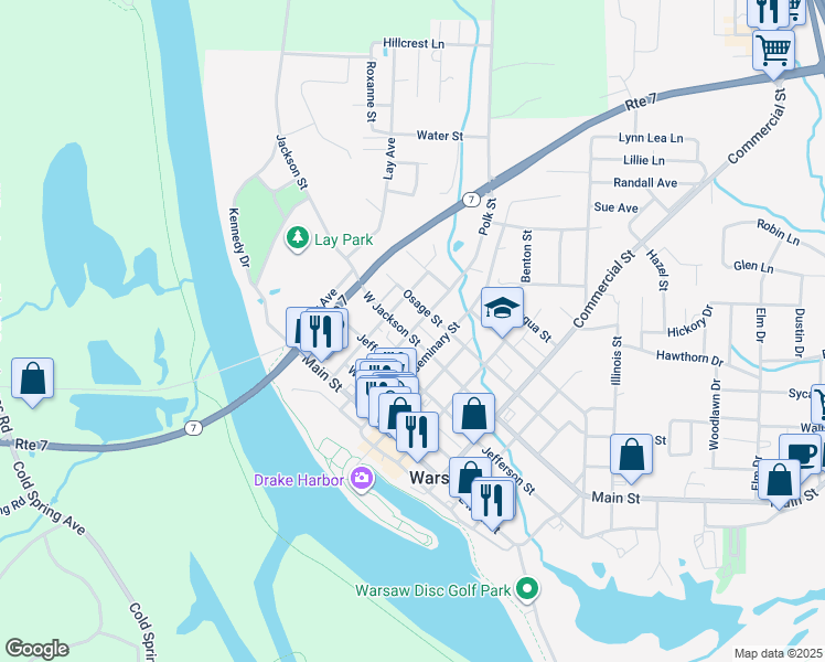 map of restaurants, bars, coffee shops, grocery stores, and more near 618 Polk Street in Warsaw
