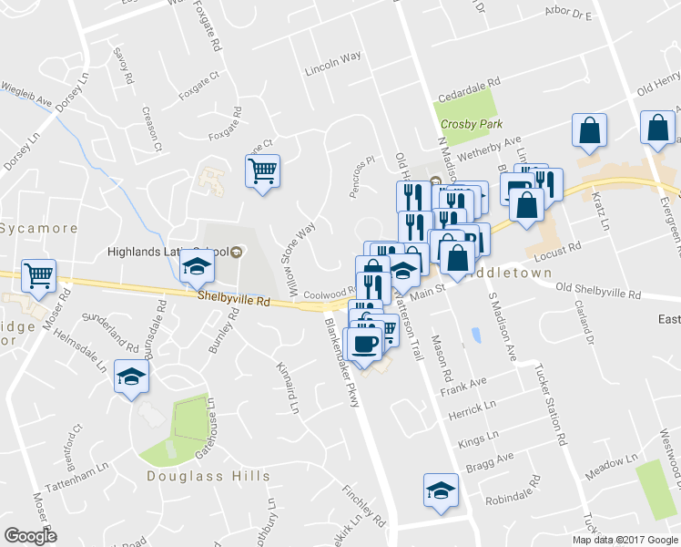 map of restaurants, bars, coffee shops, grocery stores, and more near 202 Club Oak Court in Louisville