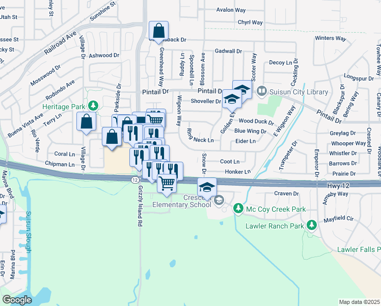 map of restaurants, bars, coffee shops, grocery stores, and more near 608 Wigeon Way in Suisun City