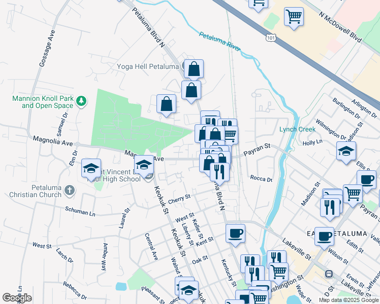 map of restaurants, bars, coffee shops, grocery stores, and more near 6 Magnolia Avenue in Petaluma