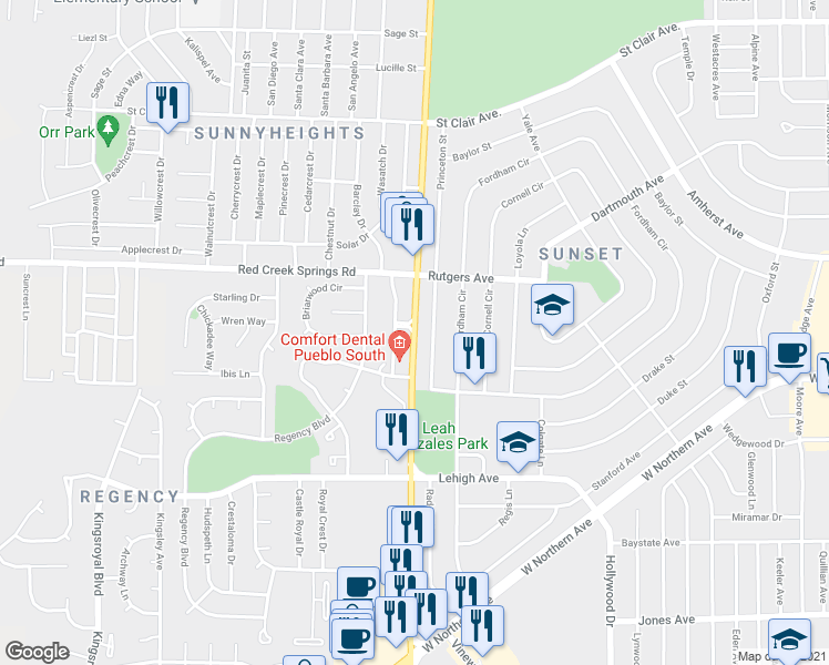 map of restaurants, bars, coffee shops, grocery stores, and more near South Pueblo Boulevard Way in Pueblo