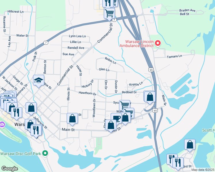 map of restaurants, bars, coffee shops, grocery stores, and more near 912 Elm Drive in Warsaw
