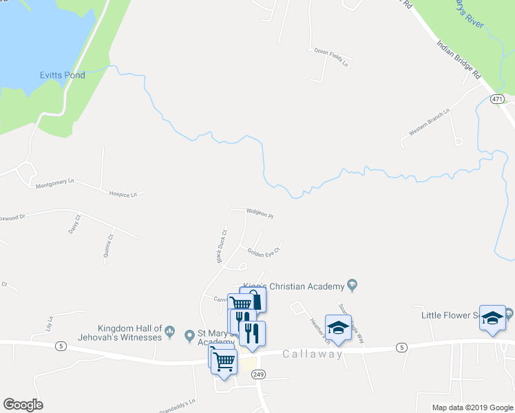 map of restaurants, bars, coffee shops, grocery stores, and more near 44904 Widgeon Place in Callaway