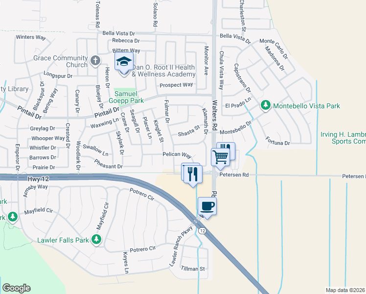 map of restaurants, bars, coffee shops, grocery stores, and more near 1409 Klamath Drive in Suisun City