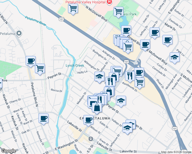 map of restaurants, bars, coffee shops, grocery stores, and more near 833 Madison St in Petaluma