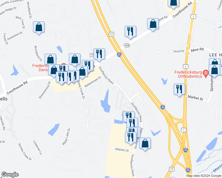 map of restaurants, bars, coffee shops, grocery stores, and more near 10700 Wakeman Drive in Fredericksburg