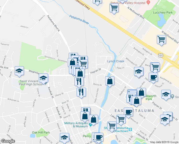 map of restaurants, bars, coffee shops, grocery stores, and more near 160 West Payran Street in Petaluma