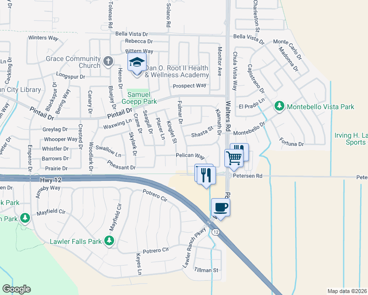 map of restaurants, bars, coffee shops, grocery stores, and more near 604 Fulmar Drive in Suisun City