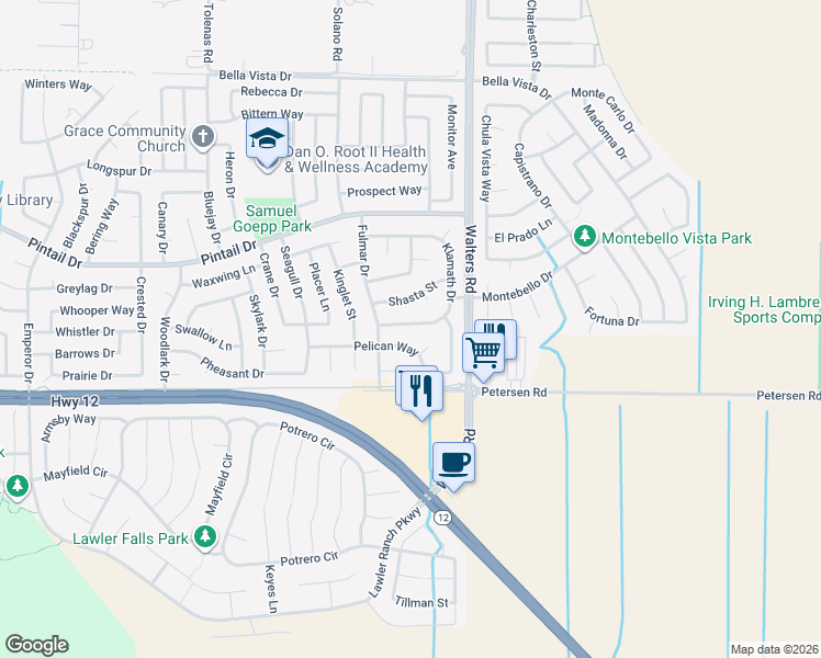 map of restaurants, bars, coffee shops, grocery stores, and more near 1409 Klamath Drive in Suisun City