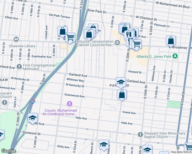 map of restaurants, bars, coffee shops, grocery stores, and more near S 31st St in Louisville