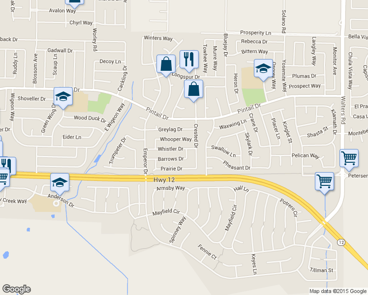 map of restaurants, bars, coffee shops, grocery stores, and more near 1030 Whistler Drive in Suisun City