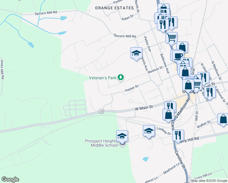 map of restaurants, bars, coffee shops, grocery stores, and more near 377 Harper Drive in Orange