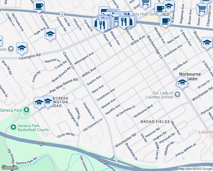map of restaurants, bars, coffee shops, grocery stores, and more near 3322 Nanz Avenue in Louisville