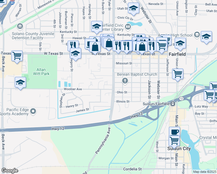 map of restaurants, bars, coffee shops, grocery stores, and more near 1304 Woolner Avenue in Fairfield