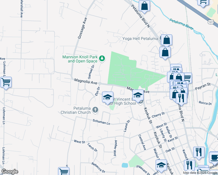 map of restaurants, bars, coffee shops, grocery stores, and more near 1009 Magnolia Avenue in Petaluma
