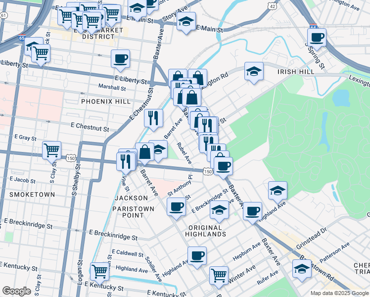 map of restaurants, bars, coffee shops, grocery stores, and more near 604 Rubel Avenue in Louisville