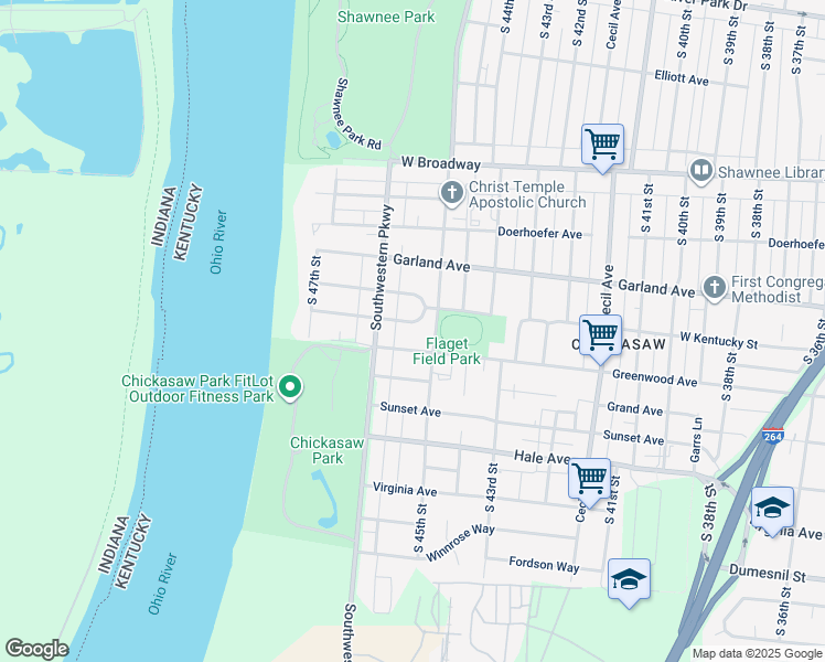 map of restaurants, bars, coffee shops, grocery stores, and more near 4526 Westchester Avenue in Louisville
