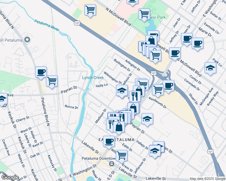 map of restaurants, bars, coffee shops, grocery stores, and more near 837 Madison Street in Petaluma