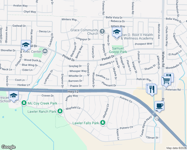 map of restaurants, bars, coffee shops, grocery stores, and more near Woodlark Drive in Suisun City