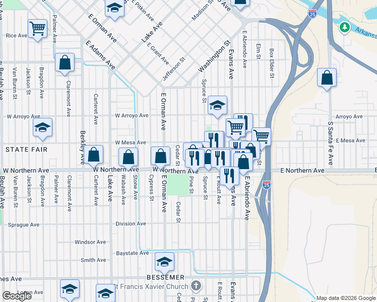 map of restaurants, bars, coffee shops, grocery stores, and more near 1215 Pine Street in Pueblo