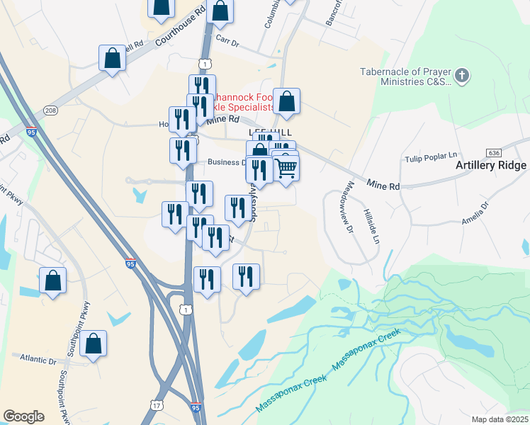 map of restaurants, bars, coffee shops, grocery stores, and more near 10651 Spotsylvania Avenue in Fredericksburg