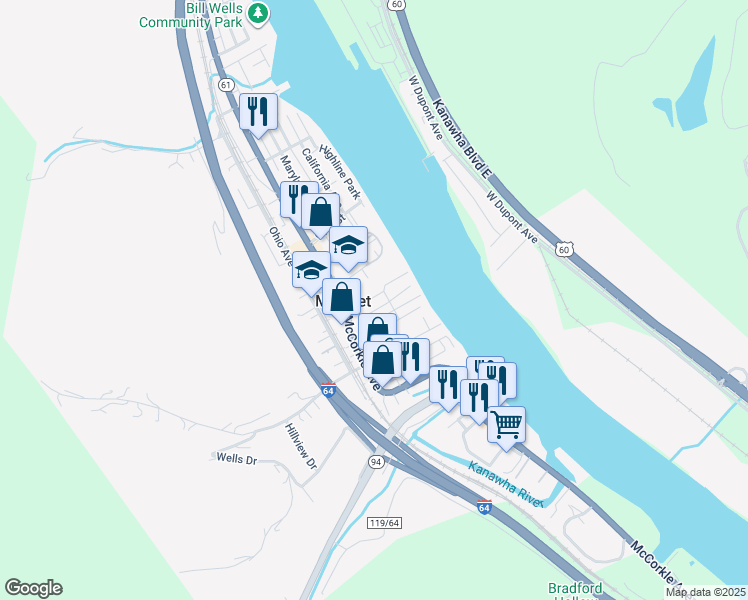 map of restaurants, bars, coffee shops, grocery stores, and more near 200 95th Street in Marmet