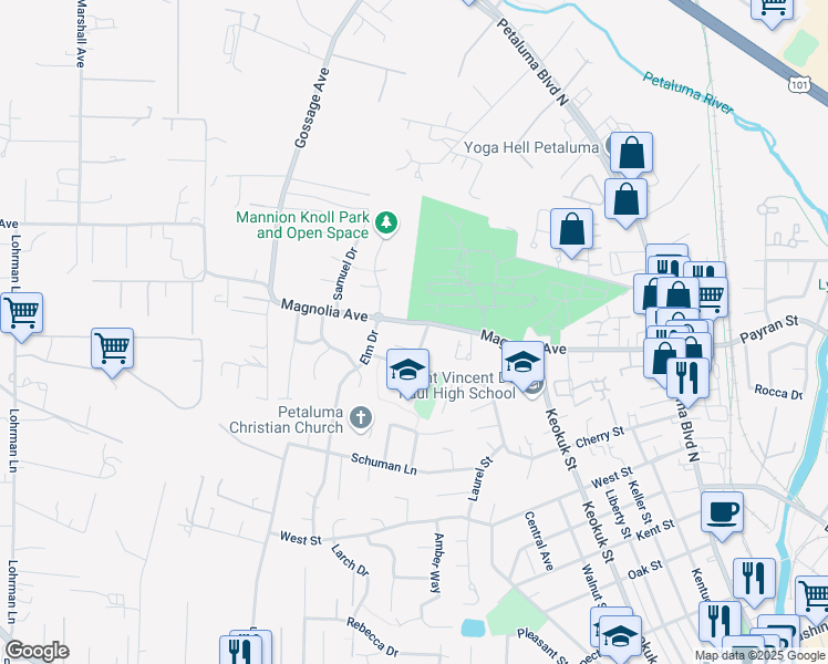 map of restaurants, bars, coffee shops, grocery stores, and more near 1009 Magnolia Avenue in Petaluma