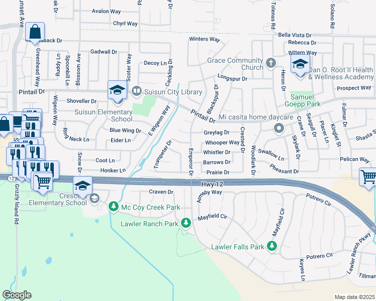map of restaurants, bars, coffee shops, grocery stores, and more near 516 Emperor Drive in Suisun City