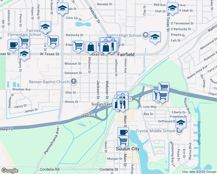 map of restaurants, bars, coffee shops, grocery stores, and more near 330 Webster Street in Fairfield