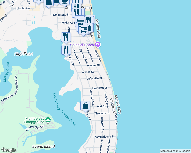 map of restaurants, bars, coffee shops, grocery stores, and more near 420 Bancroft Avenue in Colonial Beach