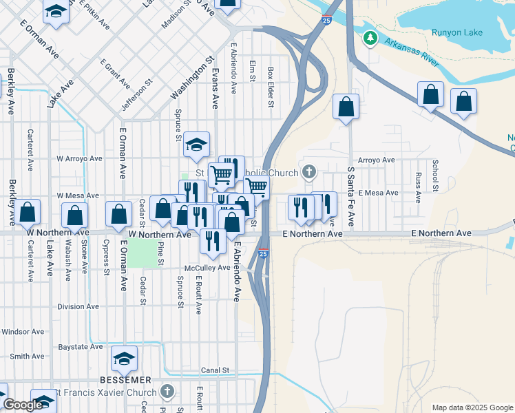 map of restaurants, bars, coffee shops, grocery stores, and more near 1216 Elm Street in Pueblo