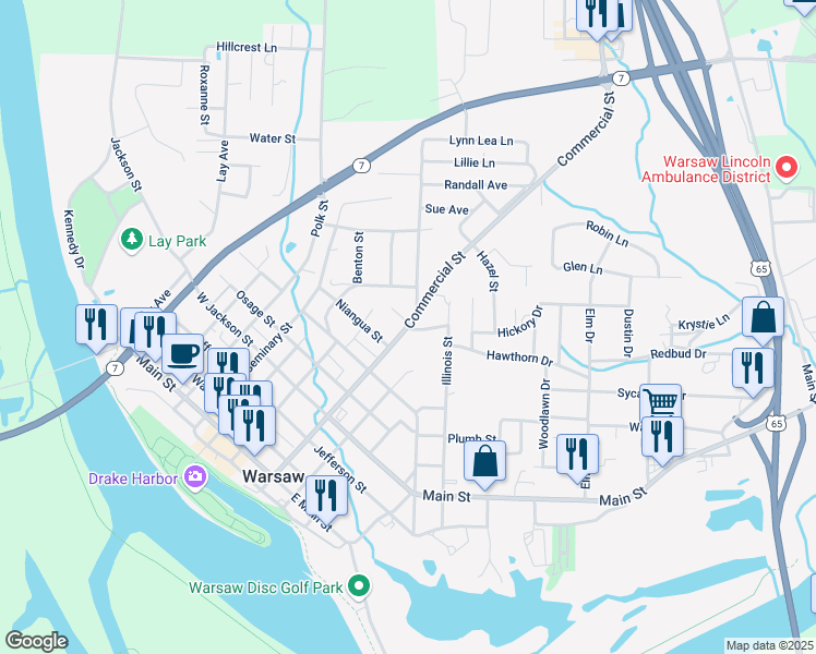 map of restaurants, bars, coffee shops, grocery stores, and more near 999 Commercial St in Warsaw
