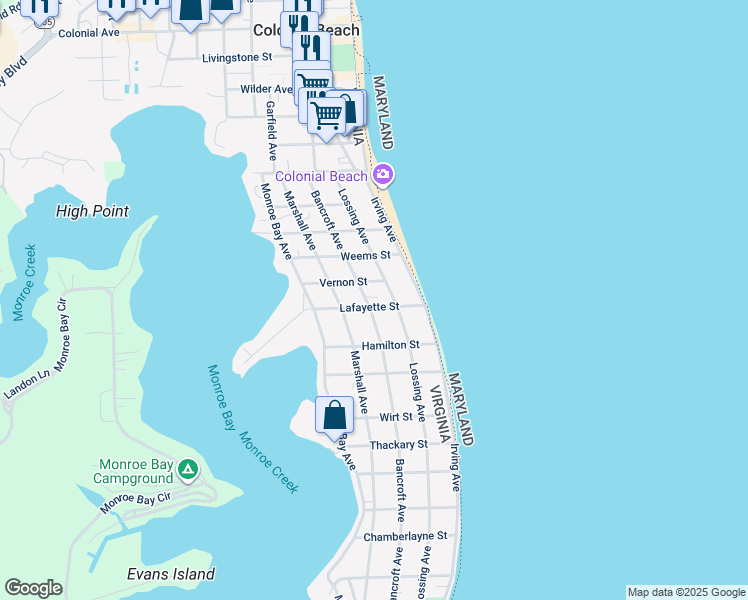 map of restaurants, bars, coffee shops, grocery stores, and more near 420 Bancroft Avenue in Colonial Beach