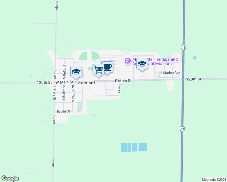 map of restaurants, bars, coffee shops, grocery stores, and more near 301-309 B Road in Goessel