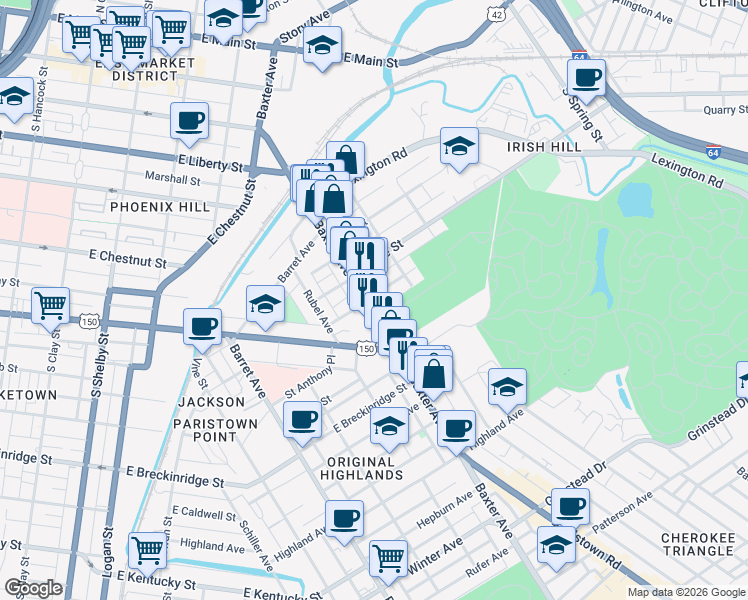 map of restaurants, bars, coffee shops, grocery stores, and more near 1102 Rogers Street in Louisville