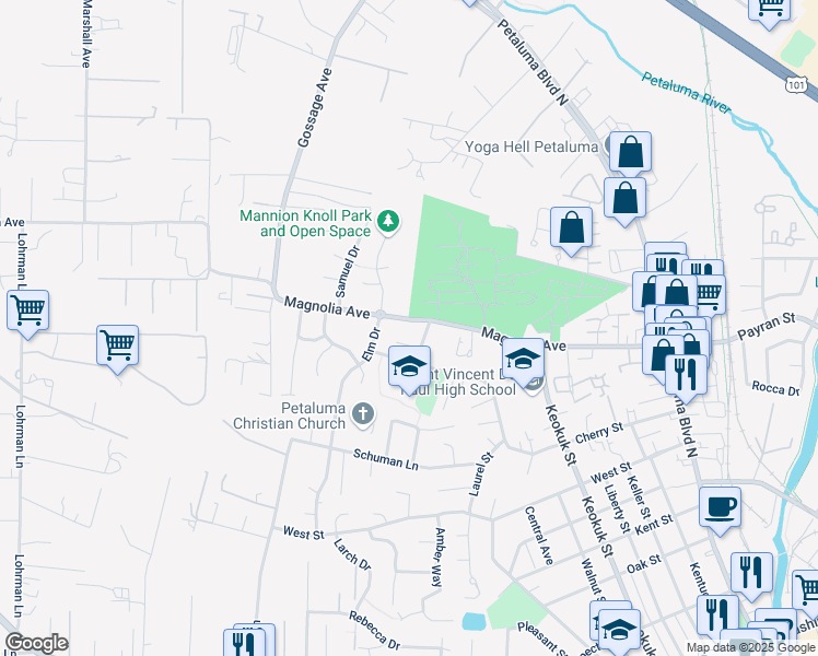 map of restaurants, bars, coffee shops, grocery stores, and more near 1009 Magnolia Avenue in Petaluma