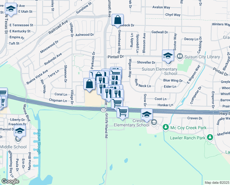 map of restaurants, bars, coffee shops, grocery stores, and more near 131 Sunset Avenue in Suisun City