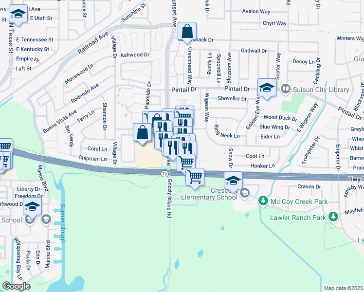 map of restaurants, bars, coffee shops, grocery stores, and more near 131 Sunset Avenue in Suisun City